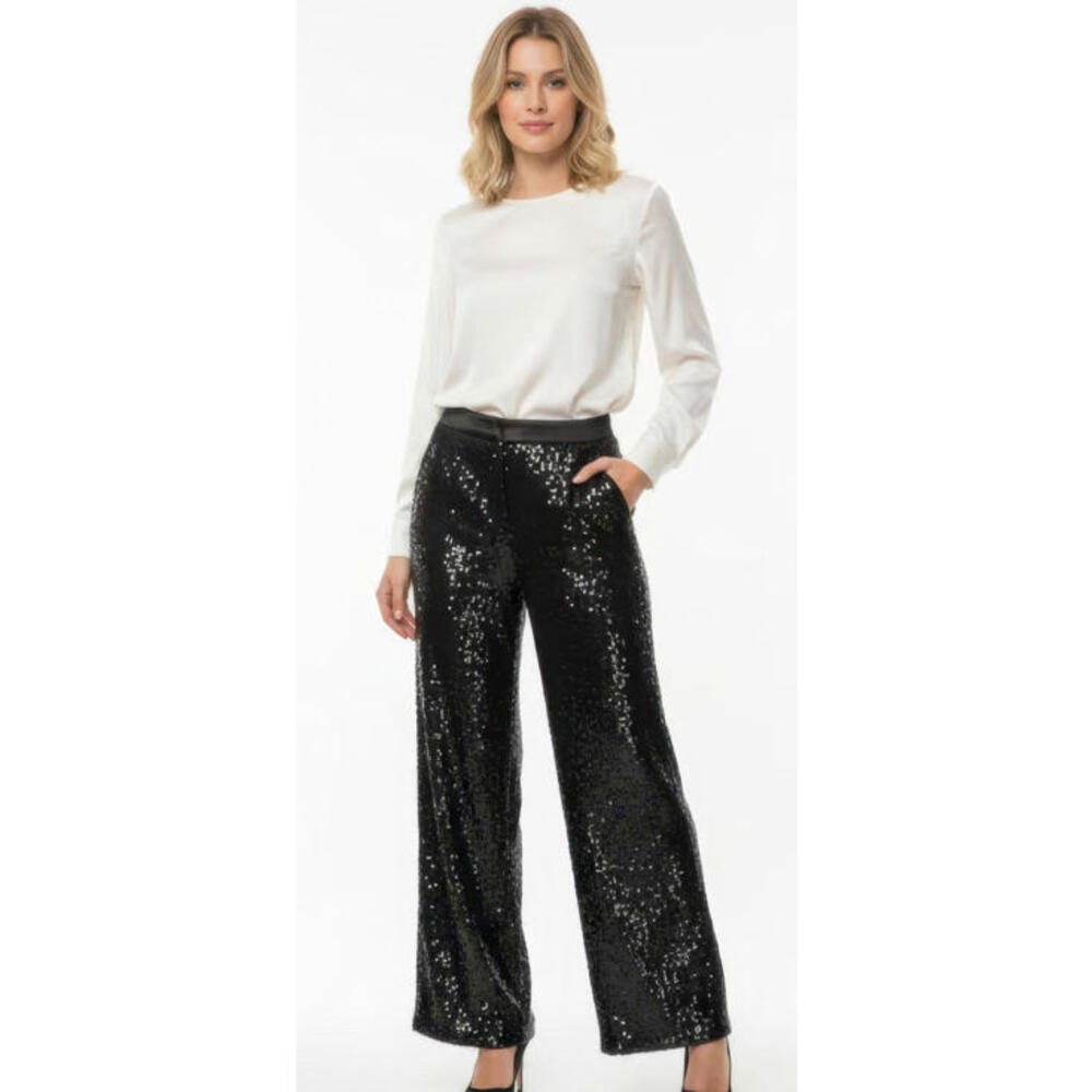 Vintage Chanel Black Sequin Silk Wide Pants FR 40 Medium
